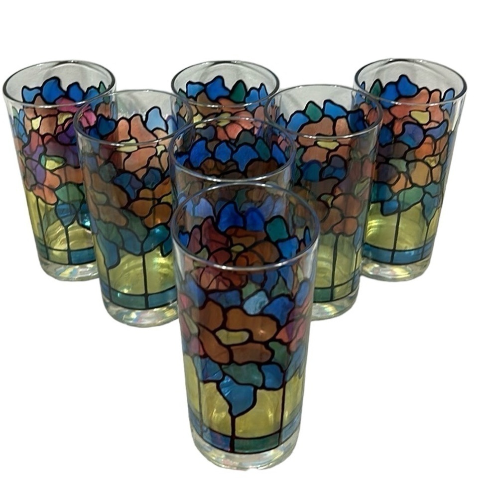 Vintage Stained Glass Floral High Ball Drinking Glasses Set of 7